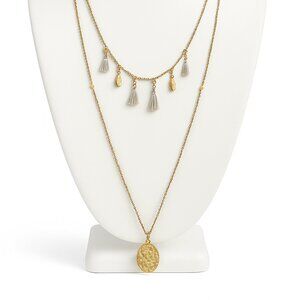 Layered‎ Gold Tassel Necklace Hammered Oval Pendant Boho Minimalist Style